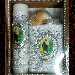 Set de Vela de Bautizo Biblia Latino Americano San Judas Tadeo Decorado Blanco